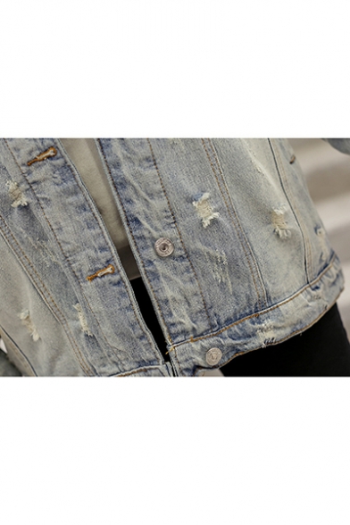 Womens Vintage Light Blue Letter Tape Patched Loose Leisure Ripped Denim Jacket