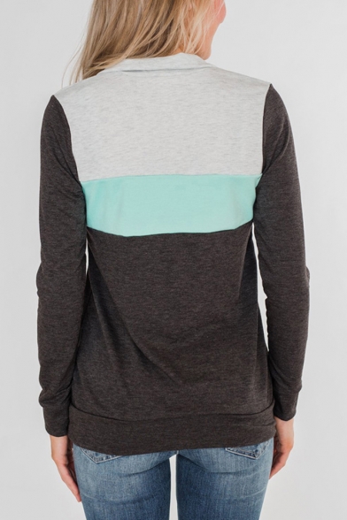 Zippered Lapel Collar Long Sleeve Color Blocked Pocket Sweatshirt