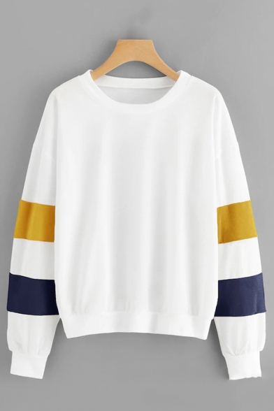 Basic Simple Color Block Round Neck Stripe Long Sleeve Pullover Sweatshirt
