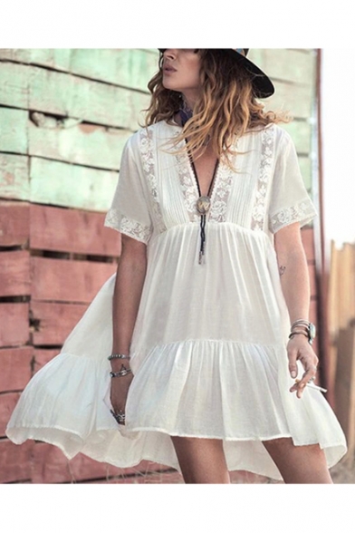 Beach Style V-Neck Short Sleeve Floral Printed Beach Cover Up White Mini Swing Dress
