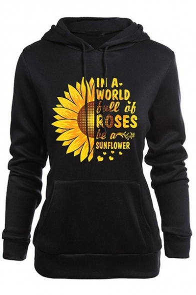 Black Long Sleeve Letter Sunflower Printed Cool Unique Hoodie with Pocket
