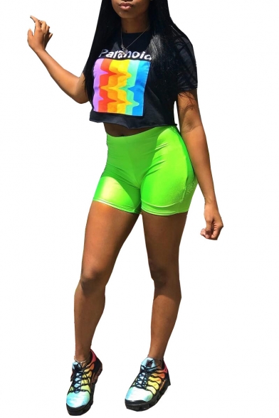 Black Short Sleeve Paranoia Letter Rainbow Printed T Shirt with Green Elastic Waist Sport Shorts Two Piece Set