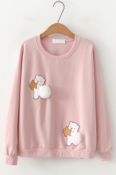 Cartoon Teddy Bear Pompom Embellished Round Neck Long Sleeve Pullover Sweatshirt