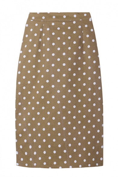 Chic Brown High Waist Polka Dot Printed Slit Back Straight Midi A-Line Skirt