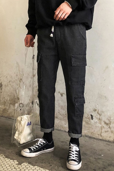 Chic Fashion Simple Plain Black Drawstring Waist Multi-pocket Cargo Pants Casual Jeans for Men