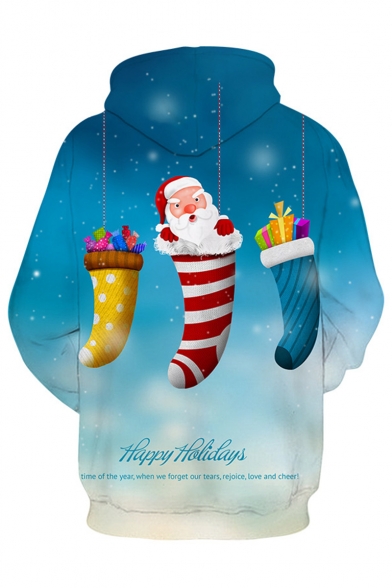 Christmas Santa Claus Sock 3D Printed Blue Drawstring Hooded Long Sleeve Casual Loose Hoodie