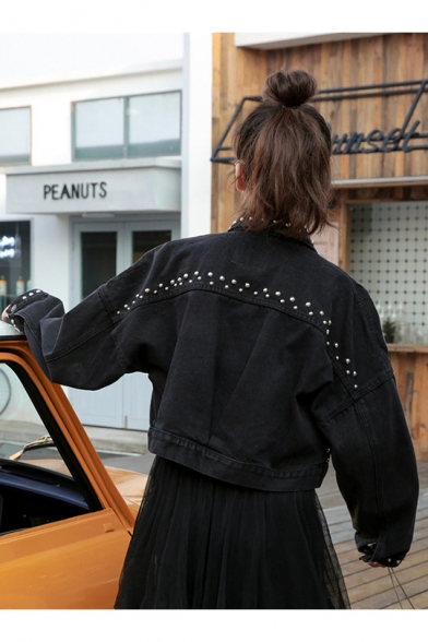 Classic Lapel Collar Flap Pockets Studded Cropped Black Denim Jacket Coat