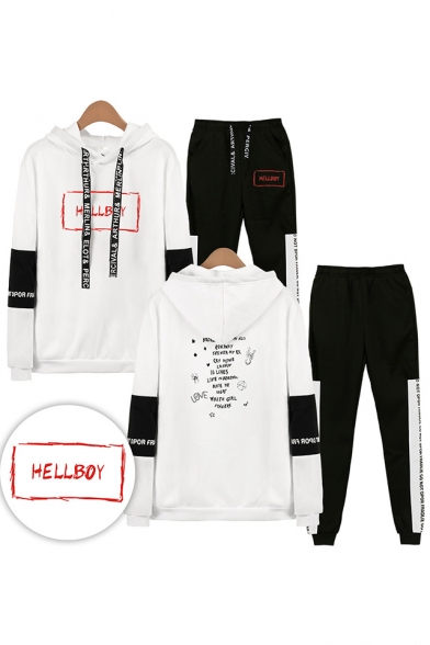 Cool Red Letters HELLBOY Print Patterns Long Sleeve Hoodie with Elastic Sweatpants Two Piece Set
