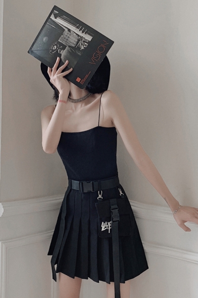 Cool Unique Black High Waist Bag Bucket Belt Flap Pocket Mini Pleated A-Line Skirt