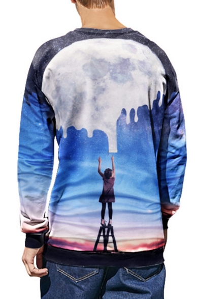 Creative Hot Fashion Paint Galaxy 3D Printed Round Neck Long Sleeve Blue Pullover Sweatshirts
