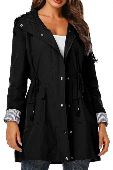 Drawstring Waist Waterproof Zip Closure Hooded Long Trench Coat with Pockets