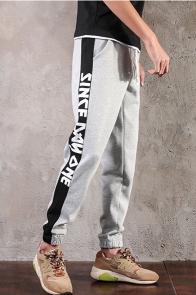 Fashion Colorblock Patched Side Letter SINCE DAY ONE Printed Drawstring Waist Elastic Cuffs Cotton Sweatpants