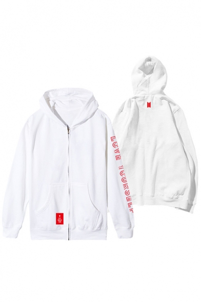 Fashion Kpop Letter Love Yourself Printed Long Sleeve Relaxed Zip Up Hoodie