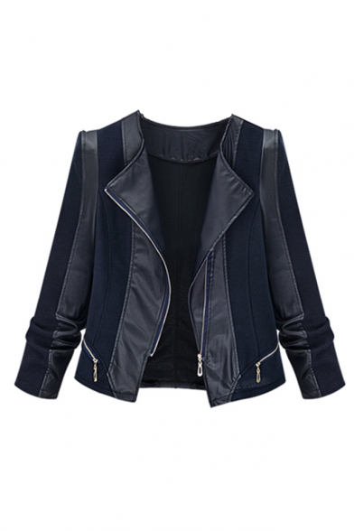 Female Elegant Black Lapel Collar Long Sleeve Zipper Leather Jacket with Zipper Trim