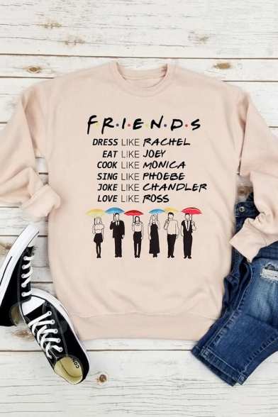 FRIENDS Letter Pattern Round Neck Long Sleeve Loose Apricot Pullover Sweatshirt