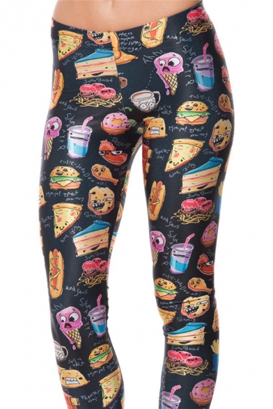 Funny Cartoon Food Pizza Hamburger Printed Skinny Fit Sport Pants Yoga Leggings