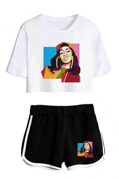 Funny Colorful Geometric Figure Print Short Sleeve Crop Tee with Loose Dolphin Shorts Two-Piece Set Co-ords