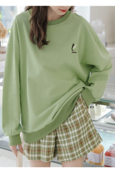 Girl's Letter Avocado Embroidered Round Neck Long Sleeve Loose Pullover Sweatshirt