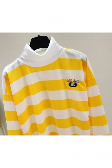 Girl's Letter BC Embroidered High Neck Striped Long Sleeve Yellow Pullover Sweatshirt