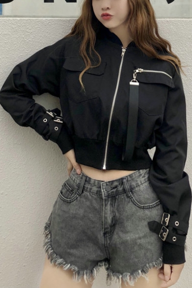 Girls Cool Strap Zipper Pocket Stand Collar Long Sleeve Zip Up Crop Bomber Jacket