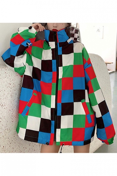 Girls Unique Cool Check Printed Stand Collar Long Sleeve Zip Up Oversized Track Jacket Coat