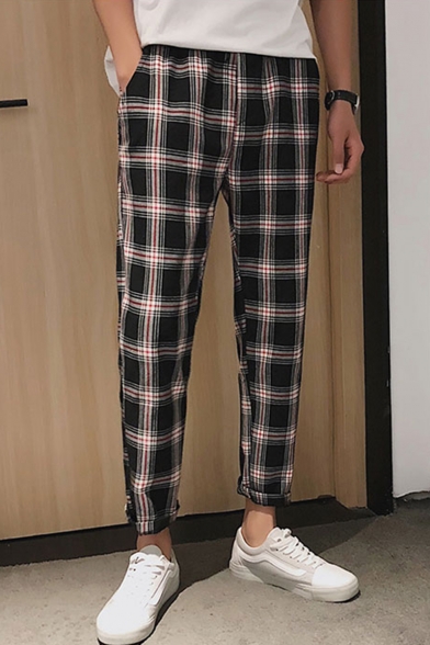 Guys New Fashion Check Pattern Trendy Casual Tapered Pants