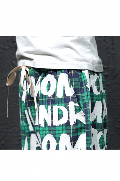 Guys New Stylish Plaid Letter Printed Loose Fit Drawstring Waist Green Casual Wide Leg Pants
