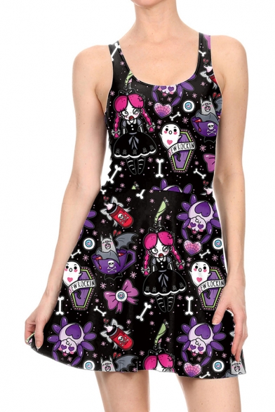 Halloween Trendy Cartoon Spider Printed Scoop Neck Sleeveless Mini Black Tank Dress