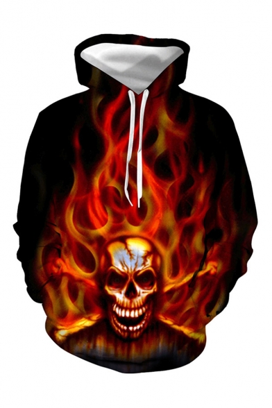 Hot Fashion Cool Fire Skull 3D Printed Long Sleeve Loose Fit Pullover Drawstring Hoodie in Black