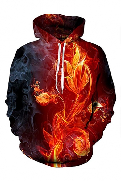 Hot Fashion Fire Floral Printed Long Sleeve Drawstring Pullover Red Hoodie