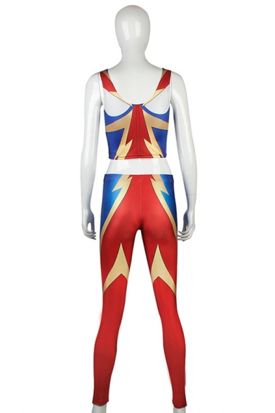 Hot Popular Cartoon Ultraman Cosplay Costume Print Scoop Neck Sleeveless Crop Tops Mid Waist Skinny Pants Co-ords