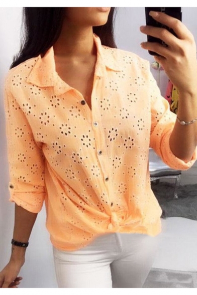 Hot Popular Plain Long Sleeve Lapel Collar Cutout Button Down Knotted Front Leisure Shirt