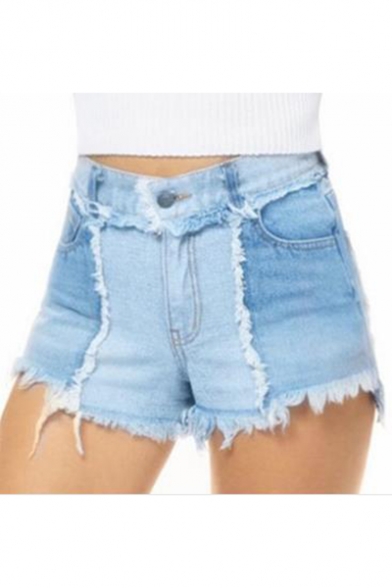 Hot Popular Summer Blue High Waist Raw Hem Pocket Patch Denim Shorts