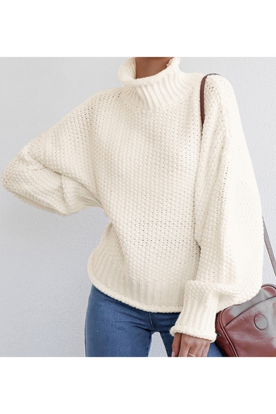 Hot Popular White Plain Roll Neck Bloomer Sleeve Chenille Sweater for Women