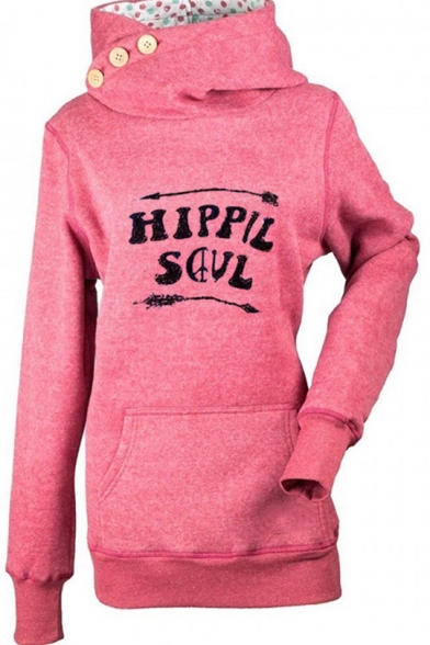 Hot Popular Womens Long Sleeve HIPPIE SOUL Letter Printed Button Embellished Hoodie with Pocket