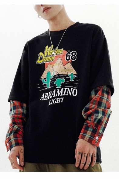 Hot Trendy Cactus Mountain Letter Printed Plaid Sleeve Patched Fake Two Piece Round Neck Casual Sweatshirts