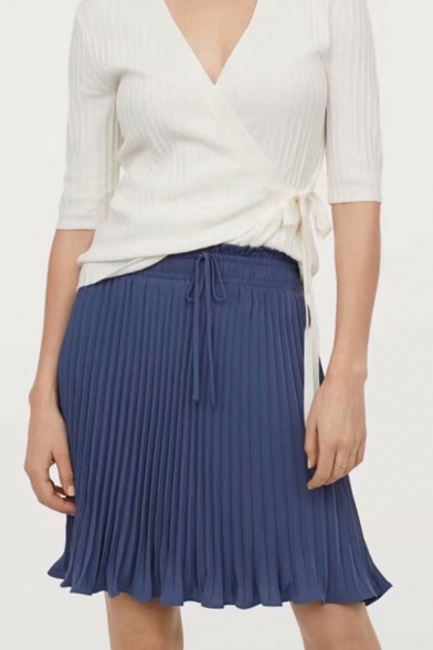 Hot Trendy Womens Plain Drawstring Waist Loose Flared Mini Pleated Skirt