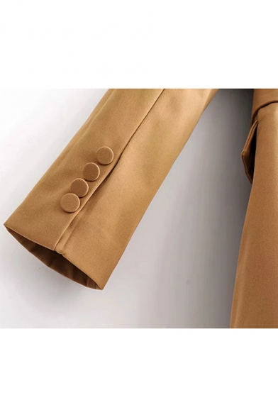 Khaki Collared Neck Gathered Waist Belted Flap Pockets Long Sleeve Blazer Longline Blazer