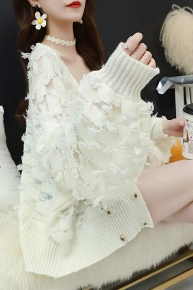Ladies Boxy Plain Tassel Knit Bloomer Sleeve Open Front Cardigan