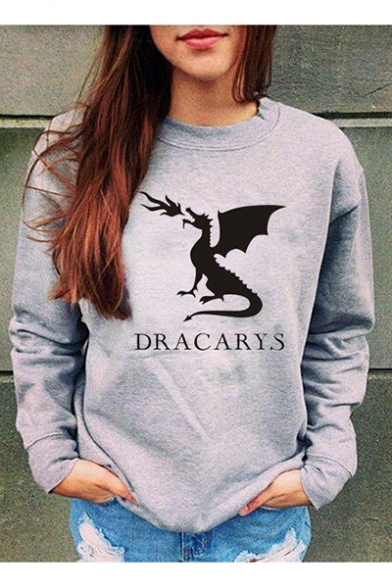 Leisure DRACARYS Letter Dinosaur Print Long Sleeve Round Neck Grey Pullover Sweatshirt