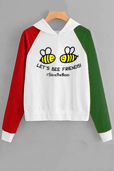 LET'S BEE FRIENDS Save The Bees Letter Bee Printed Color Block Long Sleeve Hoodie