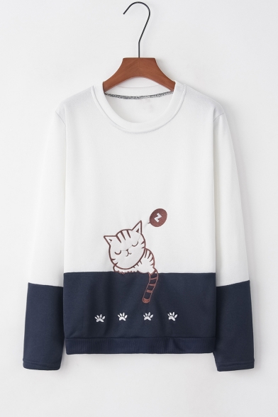 Long Sleeve Round Neck Colorblock Patch Cat Footprint Embroidered Straight Sweatshirt