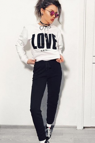 LOVE IS IN THE AIR Letter Print Round Neck Long Sleeve Pullover Sweatshirt