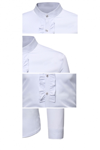 Men's Basic Simple Plain Placket Button-Up Stand Collar Long Sleeve Cotton Shirt
