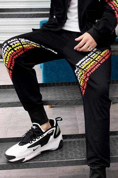 Men's Cool Fashion Contrast Letter Printed Black Casual Loose Track Pants