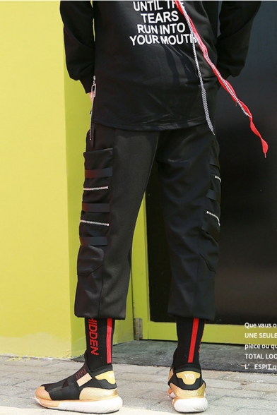 Men's Designer Fashion Solid Color Zipper Ribbon Embellished Black Cool Cargo Pants