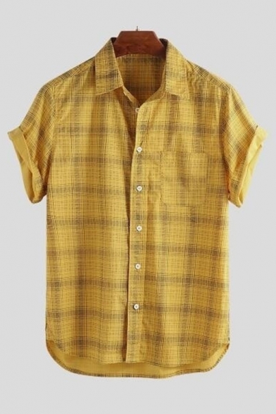 Men's Fashion Colorblock Striped Plaid Print Short Sleeve Lapel Collar Button-Up Shirt
