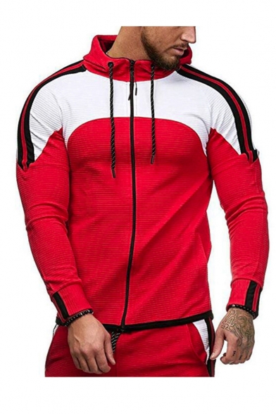 Men's Hot Fashion Colorblock Stripe Pattern Slim Fit Sports Zip Up Drawstring Hoodie