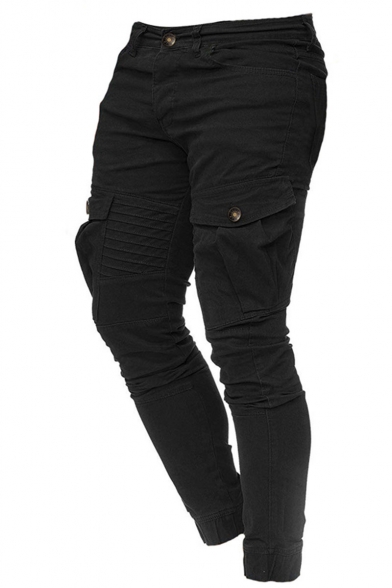 Men's Hot Fashion Pleated Patched Flap Pocket Side Simple Plain Casual Slim Cargo Pants