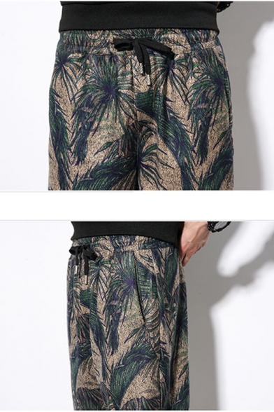 Men's New Fashion Coconut Tree Printed Drawstring Waist Casual Cotton Tapered Pants